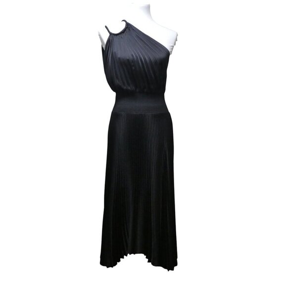 A.L.C Ruby Black Satin One Shoulder Asymmetrical Pleated Dress Womens 10 - Picture 2 of 10